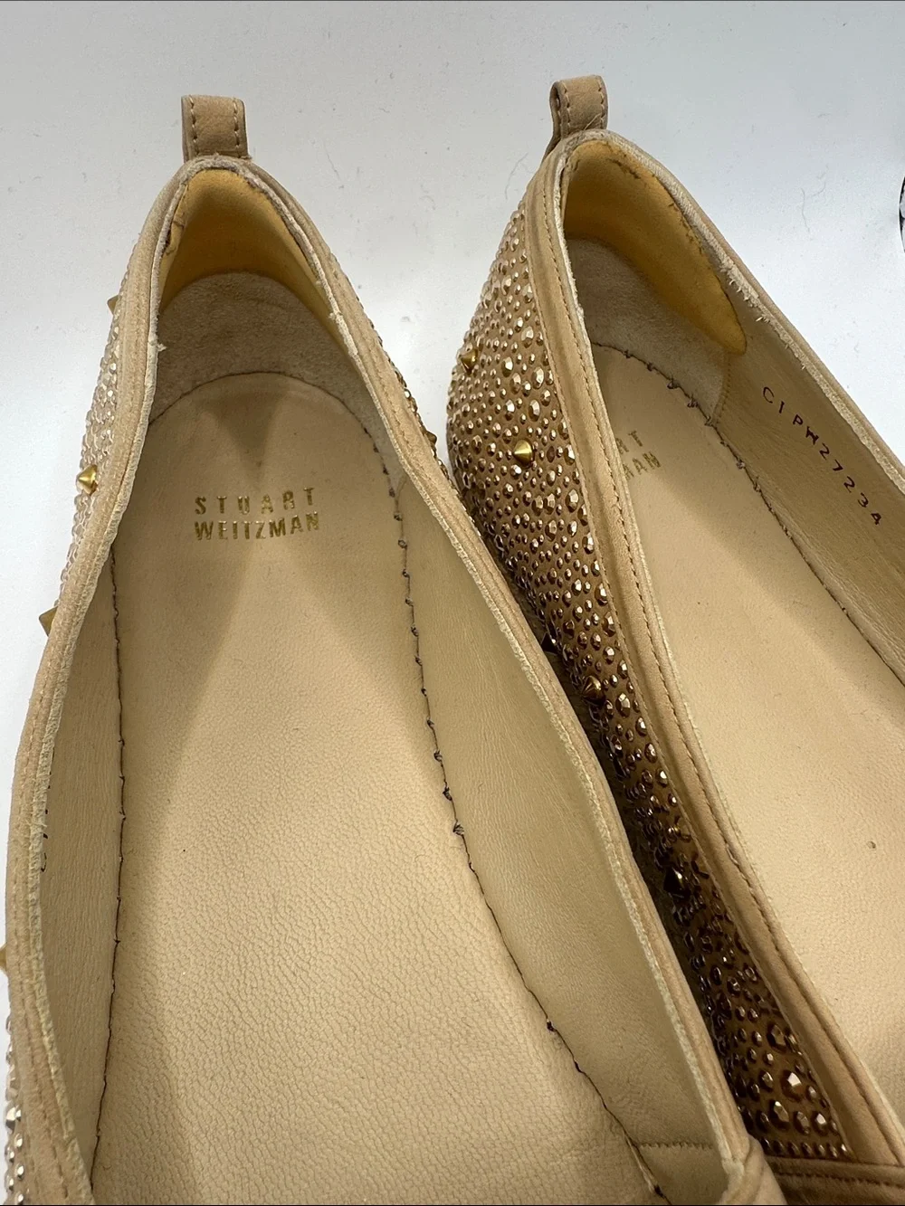 Stuart Weizman Embellished Tan Espadrille Flats with Crystal Accents size 11 M